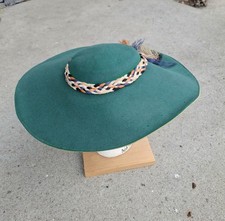 Vintage 1940s green felt wide brim hat cartwheel multi-color braided band fringe