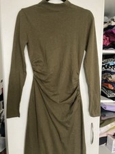 MNG  Olive Green  Ruched Long Sleeve Maxi Dress Knit Polyester Blend Size S Cute
