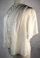 Edwardian Ivory Silk Blouse with Lace Trim   Short Sleeves, High Neck c. 1905