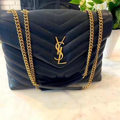 Authentic Saint Laurent YSL Medium Loulou Black Gold Matelasse Chain Leather Bag