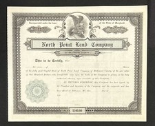 Beautiful Unissued North Point Land Company Of Maryland Stick Cert. Early 1900&rsquo;s