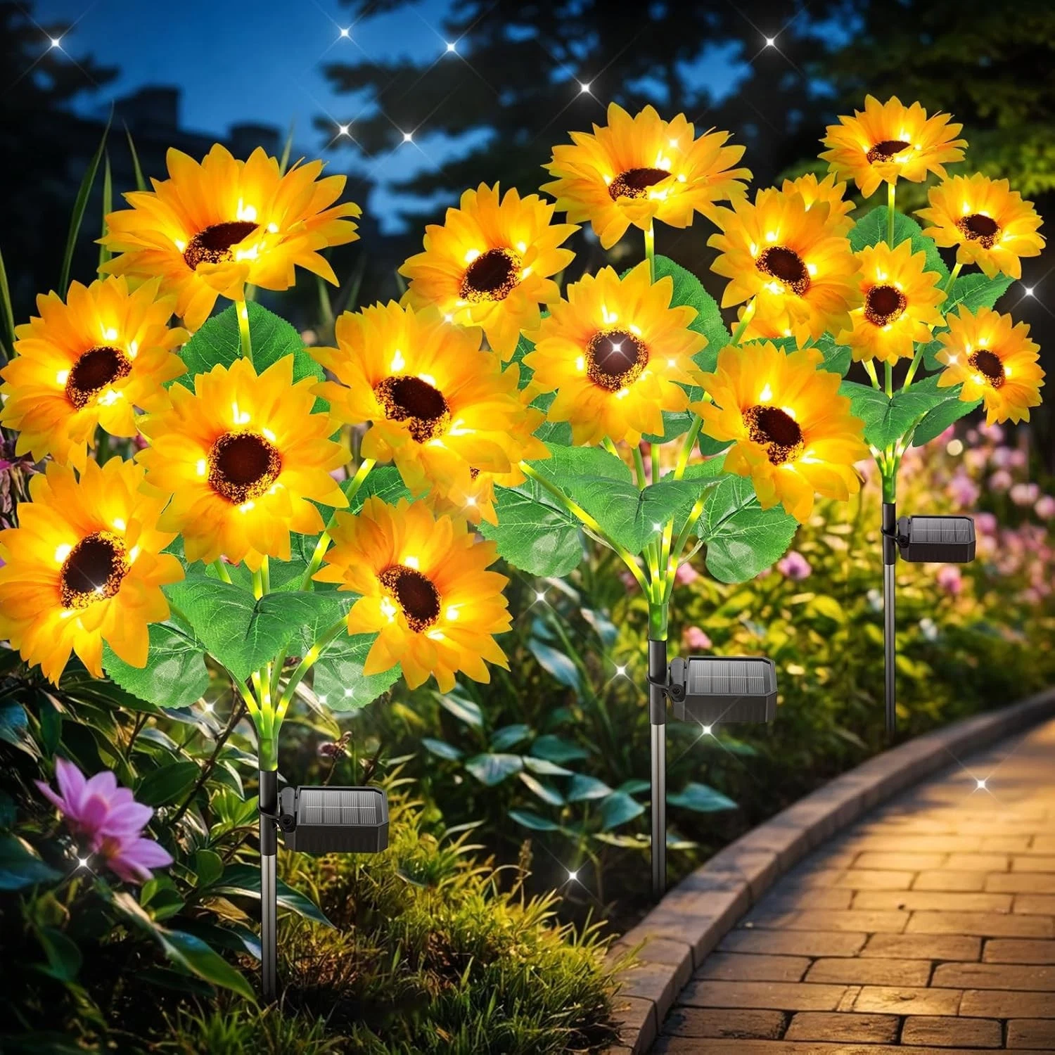 Solar Lights Outdoor Garden Decor, Upgraded 3 Pack with 18 Sunflowers, Auto On/O