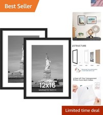 Modern Black 12x16 Photo Frames: Display 9x12 with Mat - Safe  Stylish Set of 2