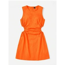 SHEIN EZwear Cut Out Waist Ruched Side Solid Orange Mini Dress Size L Summer