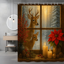 Christmas Shower Curtain with Deer and Poinsettia Design