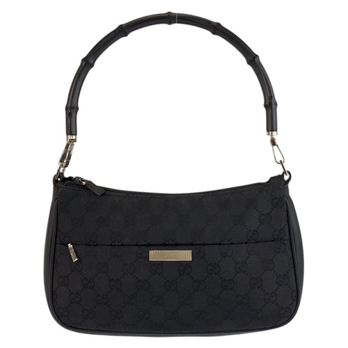 GUCCI Bamboo 001 3865 Handbag Shoulder Bag Black SilverHardware GG canvas GG