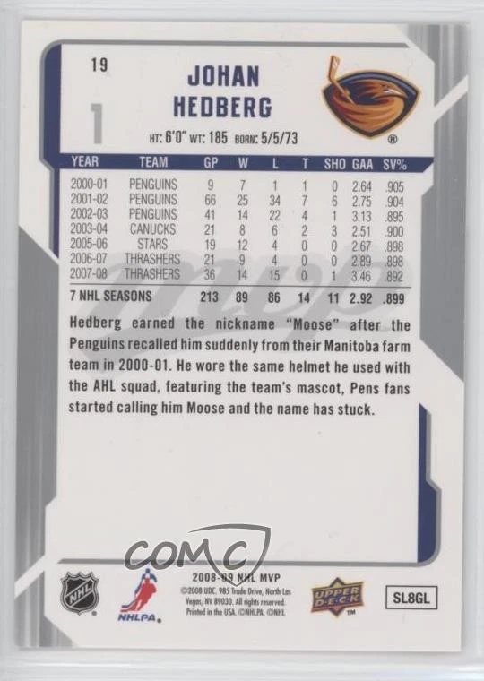 2008-09 Upper Deck MVP Super Script /25 Johan Hedberg #19 - Image 2 of 2