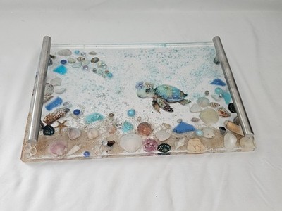 New Handmade Resin Serving Tray Blue with Turtle, shells & Handles