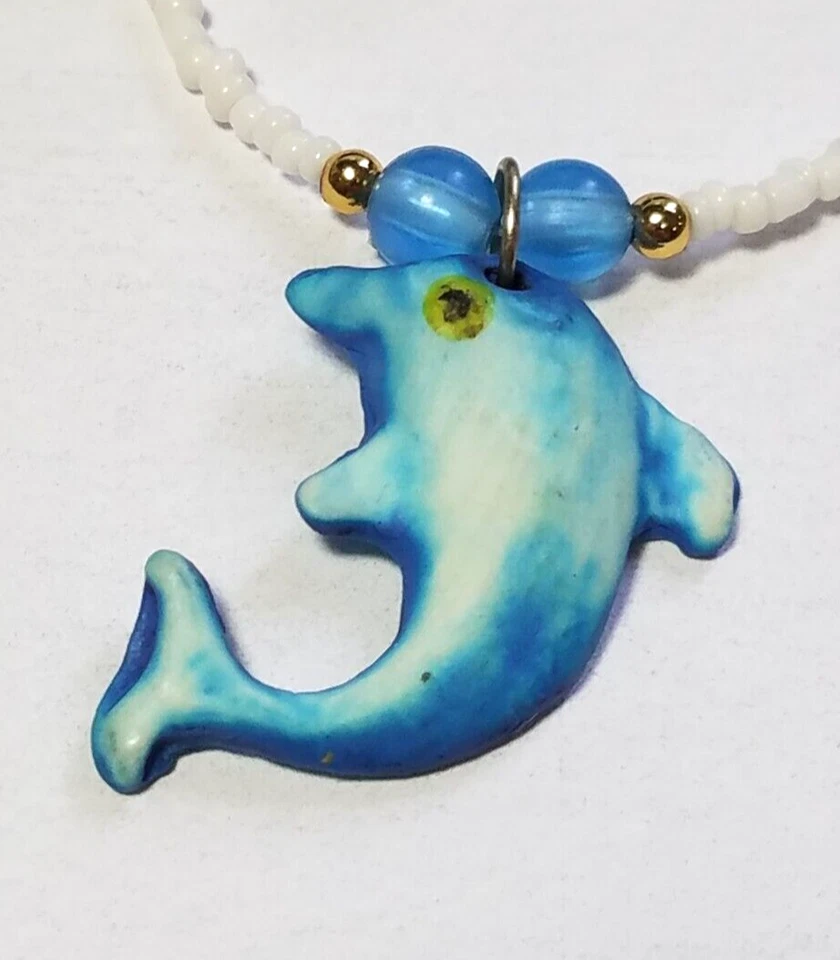 Vintage white seed beads dolphin beads Dolphin Pendant Necklace Handmade Fashion Foto 2 de 4