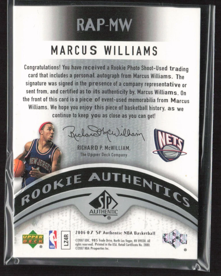 2006-07 SP Authentic #RAP-MW Marcus Williams Rookie Authentics Patch Auto /30 - Image 2 of 2