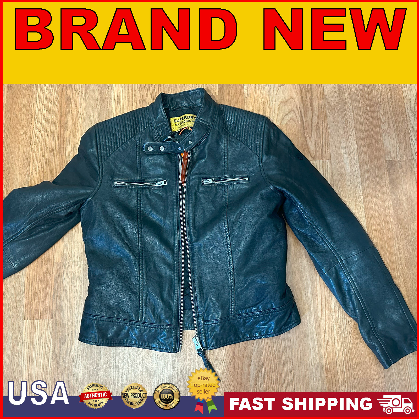 Superdry True Studios - Premium Leather Racer Jacket Rare - Regular Size 12 image 4