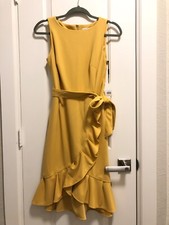 CALVIN KLEIN Womens Yellow Ruffle Sheath Belt Gold Zipper Tank Dress (size 2)