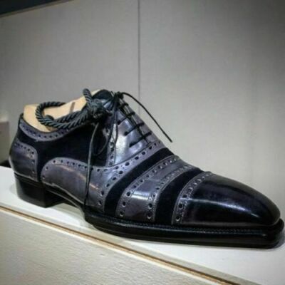 Herren Handgefertigte Schuhe Rahmengenäht Grau Leder Schwarz Wildleder Oxford Zehenkappe Schnürschuhe
