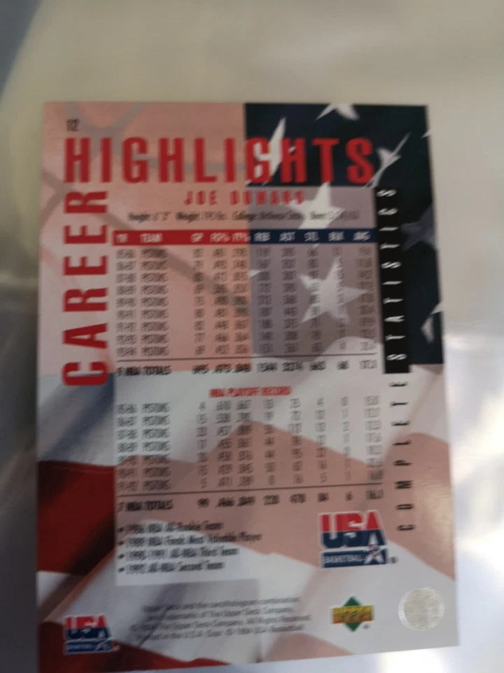 Carte Nba Upper Deck Gold 1994 USA #12 Joe Dumars Complete Statistics - Photo 2/2