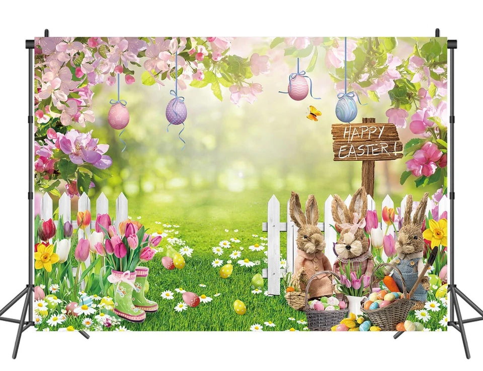 Telón de fondo de Pascua primavera conejito de Pascua jardín huevos coloridos fondo de fotografía Foto 4 de 4