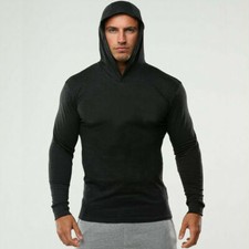 Mens SolidCotton blend Hoodie Bodybuilding Muscle PulloverSweatshirt Thin TopsBH