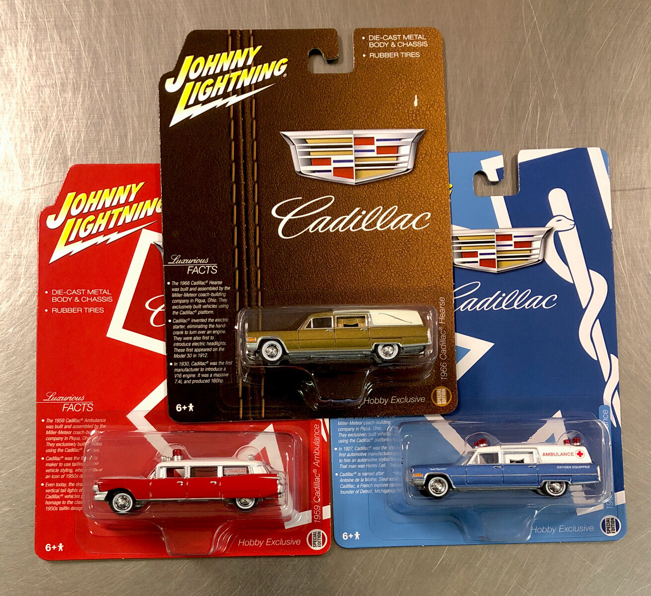 JOHNNY LIGHTNING 1959 & 1966 CADILLAC HEARSE AMBULANCE & HEARST LOT OF 3
