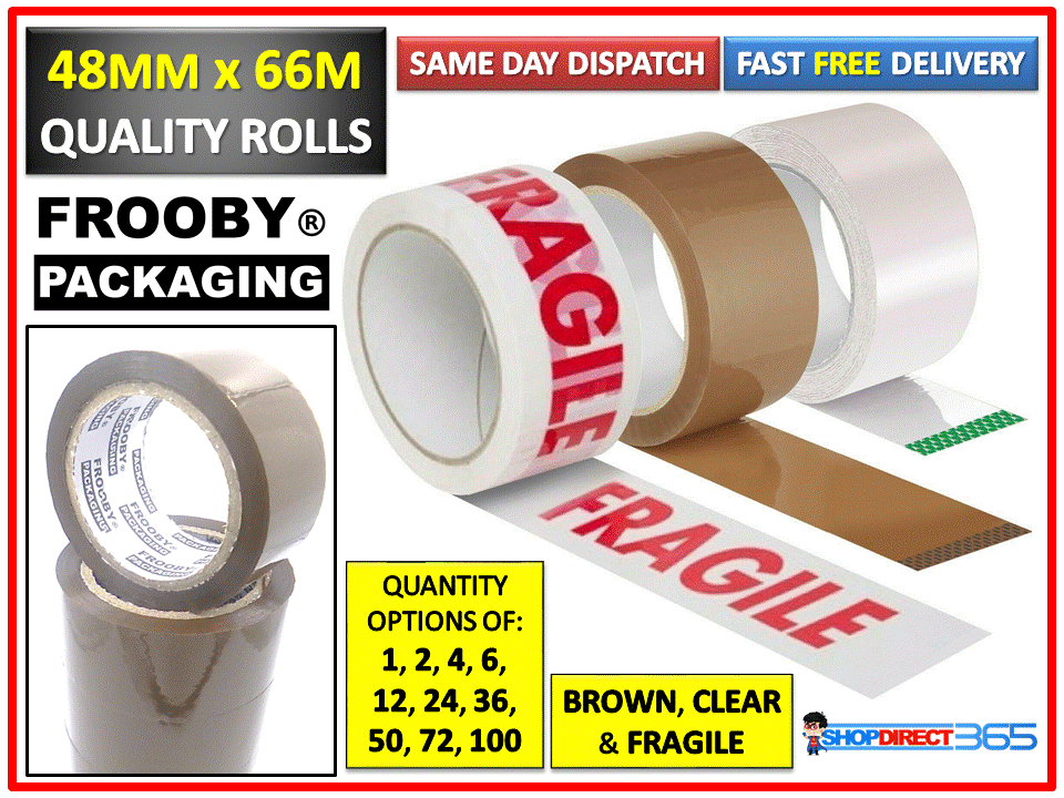 LONG LENGTH PACKING TAPE STRONG BROWN / CLEAR / FRAGILE 48mm x 66M