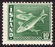ICELAND 1940, SC-221b, F MH* P-14x13.5 10aur Herring scv $55.00  *Bay Stamps*