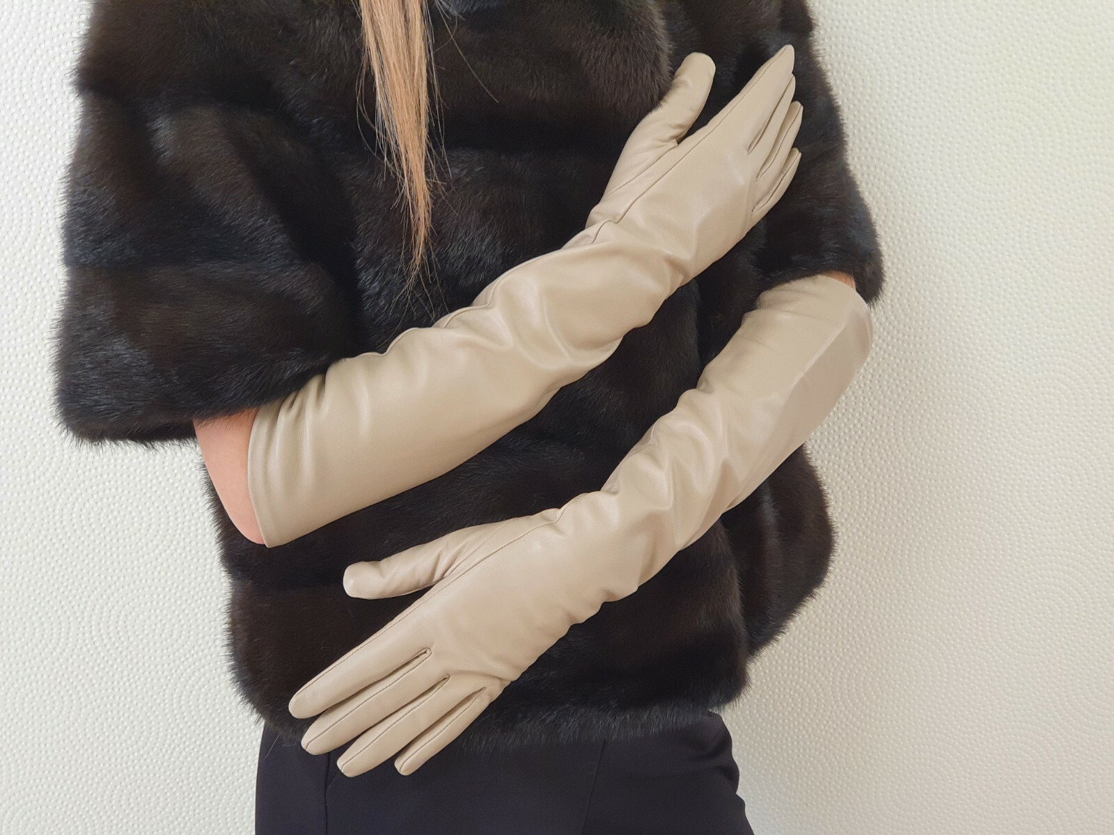 Guantes largos de cuero genuino, guantes de codo de ópera - 18 pulgadas / 46 cm. PANTALLA TÁCTIL
