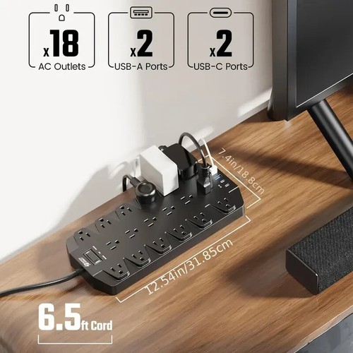 22 in 1 Power Strip - 18 AC Outlets w/ 2 USB C and 2 USB A Ports Surge Protector - Picture 20 of 28