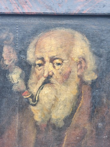 19th CENTURY Distinguished Gentleman Smoking Tobacco Pipe Framed Oil Painting - Picture 2 of 4