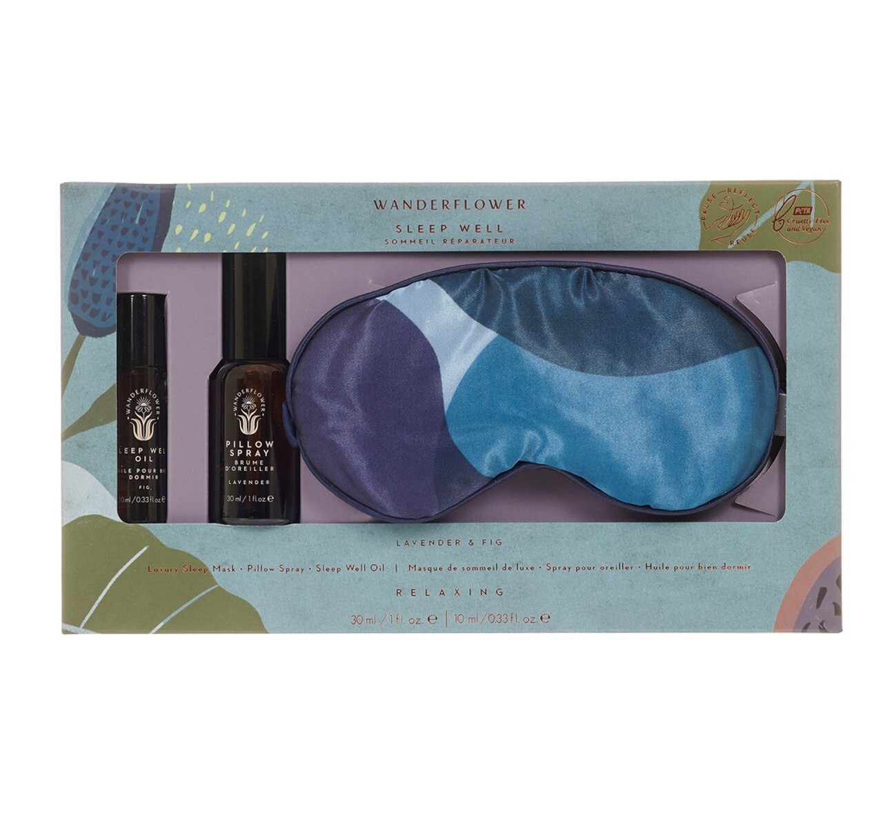 Wanderflower Relaxing Sleep Well 3 Piece Gift Set: Eye Mask, Sleep Spray, Roller