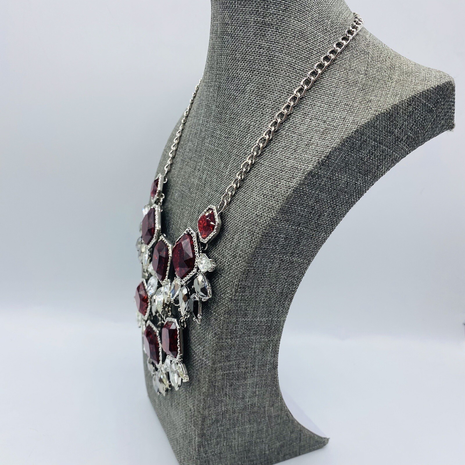 Red Silvertone Bling Large Bib Statement Necklace… - image 3