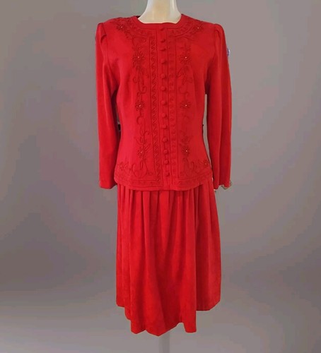 Vintage Karin Stevens DRESS size 10 long sleeves Beaded Embroidered Red Pleated