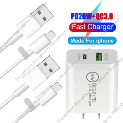 QC 3.0 Fast Wall Charger 20W PD Power Adapter USB Cable For iPhone 14 13 12 11 8