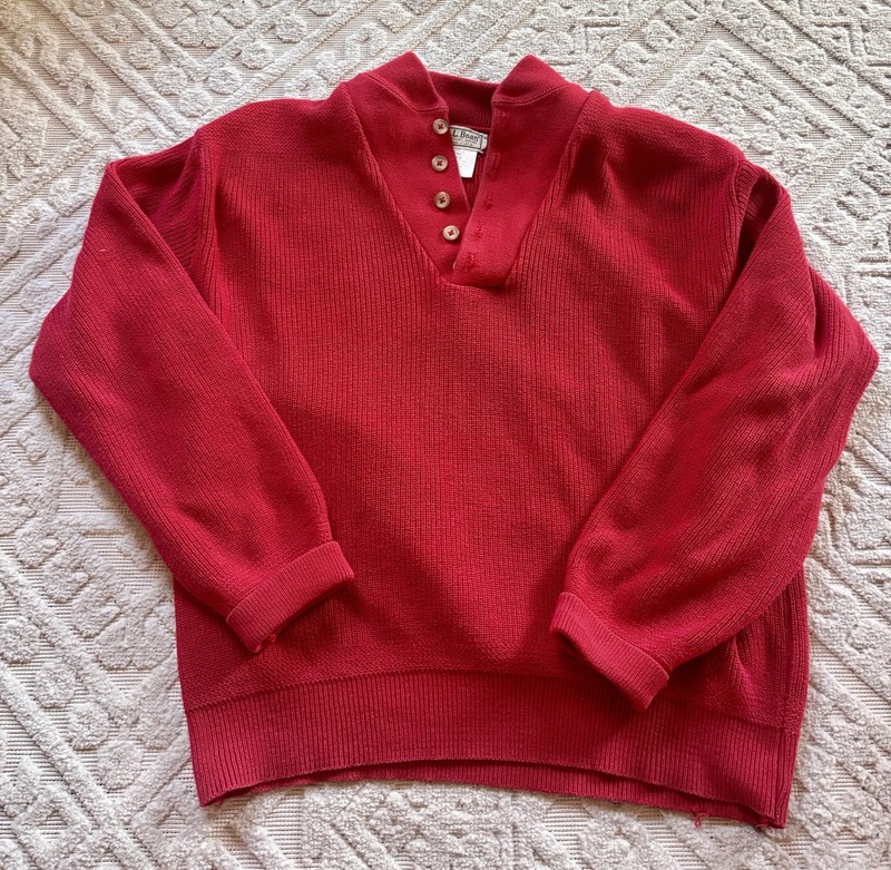 Vintage LL Bean Sweater Quarter Button Woven Knit Cotton Mens Size L Large Red