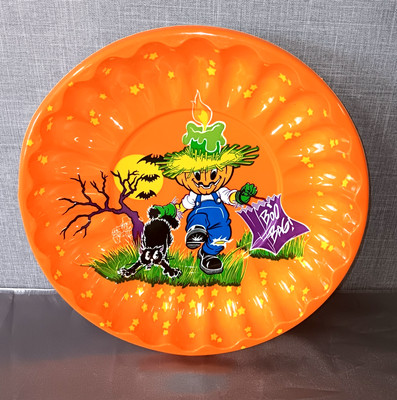 VTG 90s HALLOWEEN CANDY DISH Bowl Tray Cheryl Ann Johnson Scarecrow Cat Orange