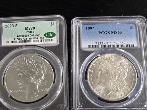 2 Coins-2023 $1  Peace Dollar CAC MS70 Advanced Delivery/1882 Morgan Ms63