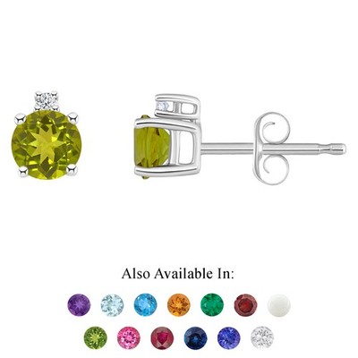 14K Weißgold 4mm Runde Echte Natürliche Peridot Diamant Akzent Ohrstecker