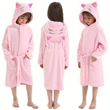 Girls Cat Embroidered Hooded Fleece Bathrobe Soft Cozy Robe 3-12Y Gift Idea