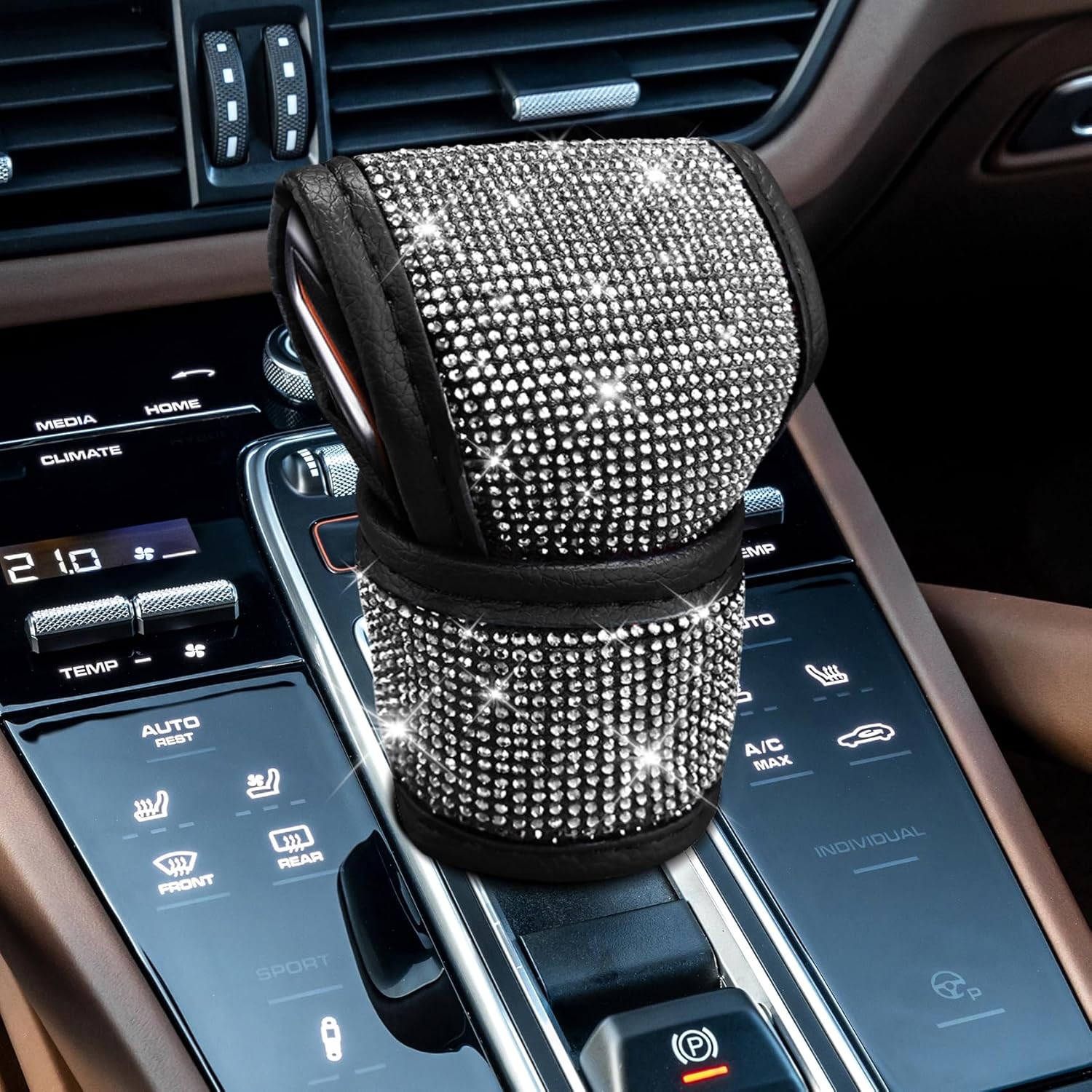 Universal Leather Car Gear Shift Knob Cover with Crystal, Anti-Sl Color: White