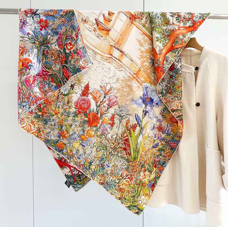 70% Cashmere 30% Silk Wrap Scarf Green garden Print Double Face Print Shawl 53''