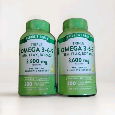 400 CT 2PK Natures Truth Triple Omega 3-6-9 Fish Oil 3600mg EPA DHA Flax Borage
