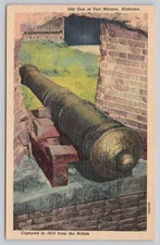 Linen Postcard Old Gun at Fort Morgan Alabama Captured 1814 Curteich