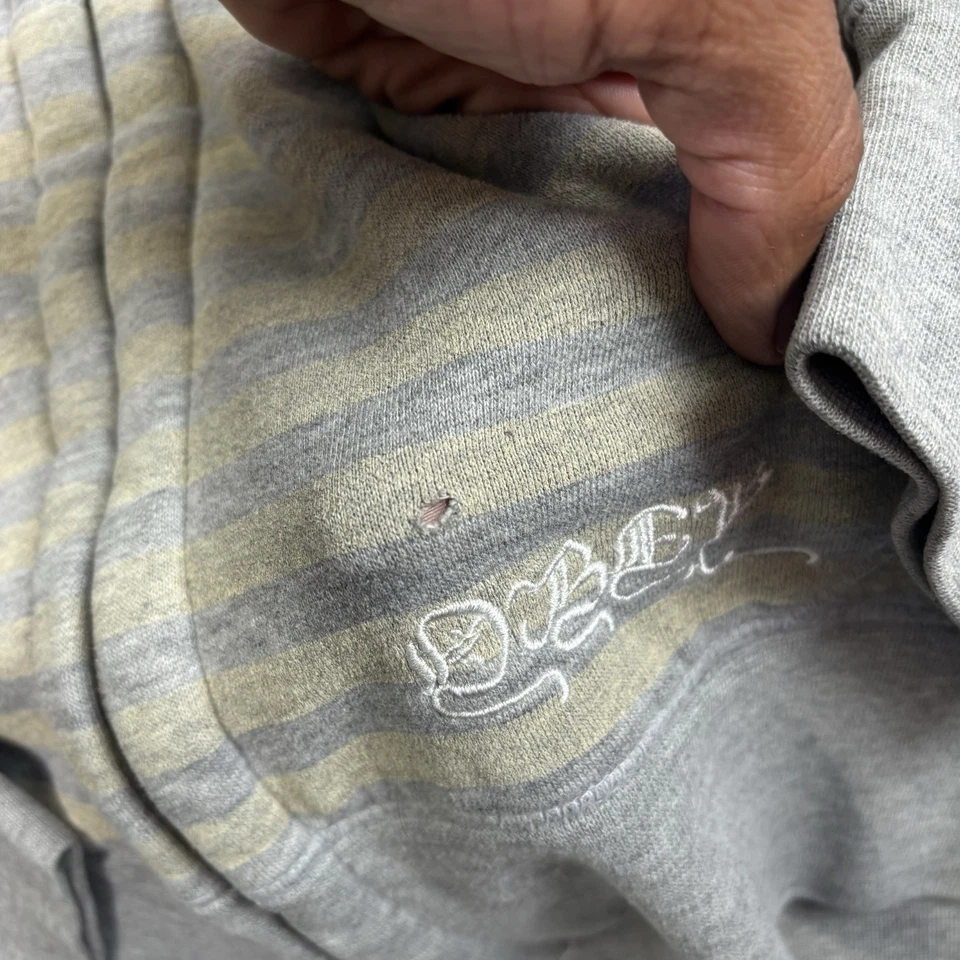 Y2K Obey Grey Full Zip Long Sleeve Striped Hoodie Embroidered Men's Large - Image 3 of 4