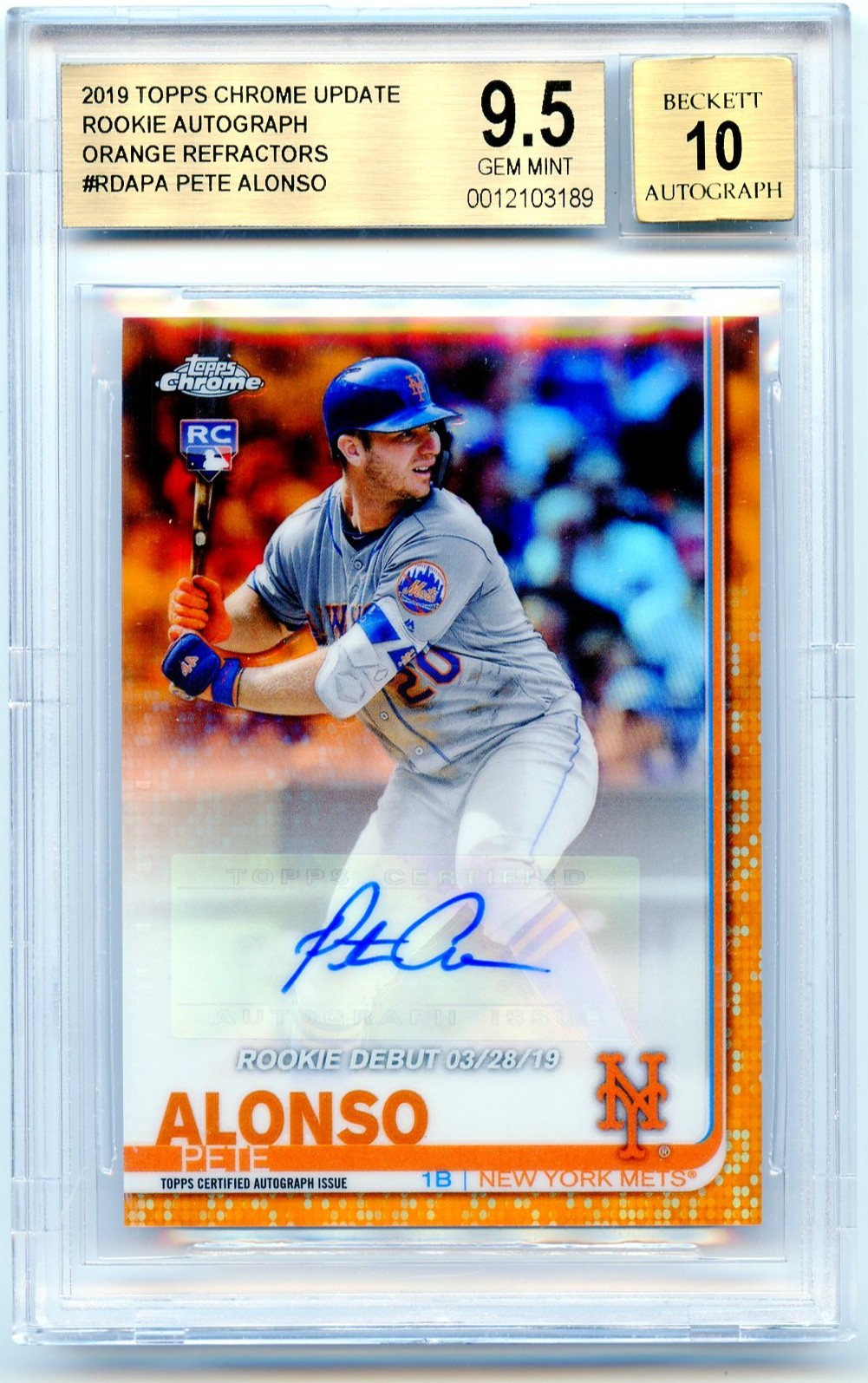 2019 Topps Chrome Update Pete Alonso Orange Refractor Autograph /25 Beckett 9.5