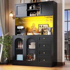 LED Kitchen Cupboard Tall Kitchen Cabinet w/ Glass Doors, Pantry Cupboard Black