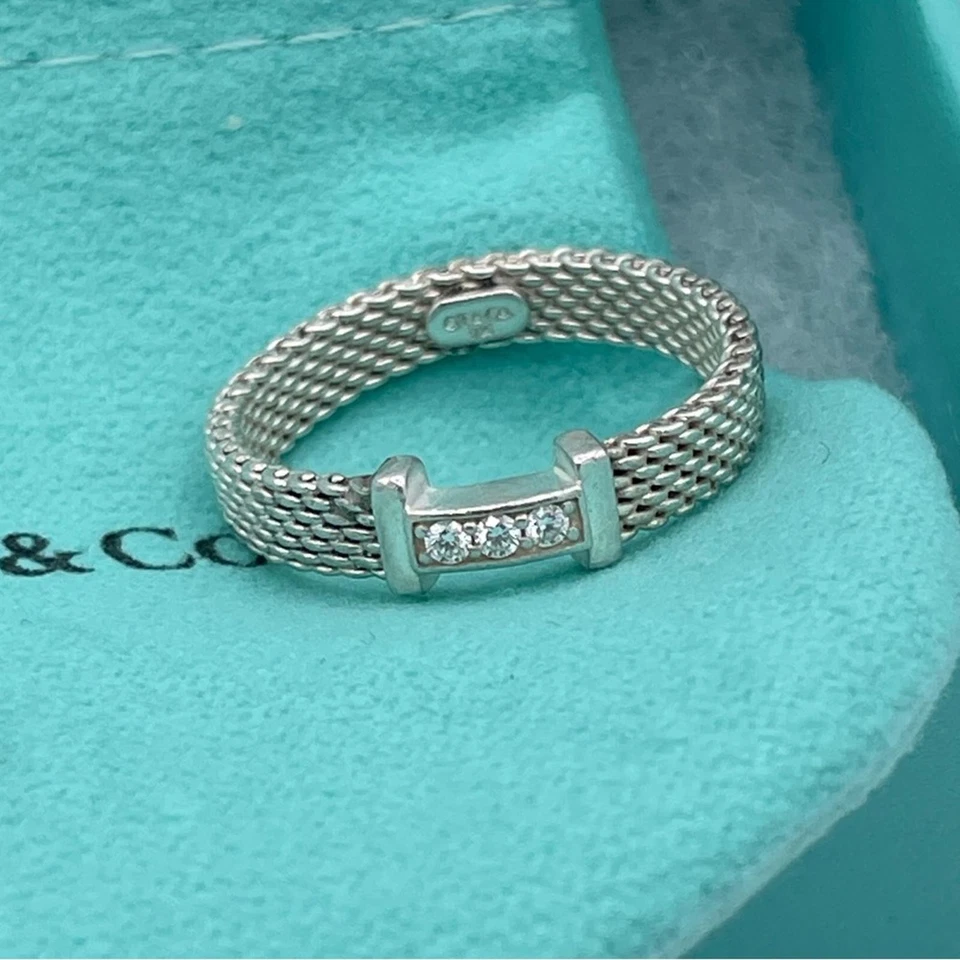 Anillo Tiffany & Co. Somerset Malla Diamantes Plata de Ley 925 Banda Listo para Regalo Foto 4 de 4
