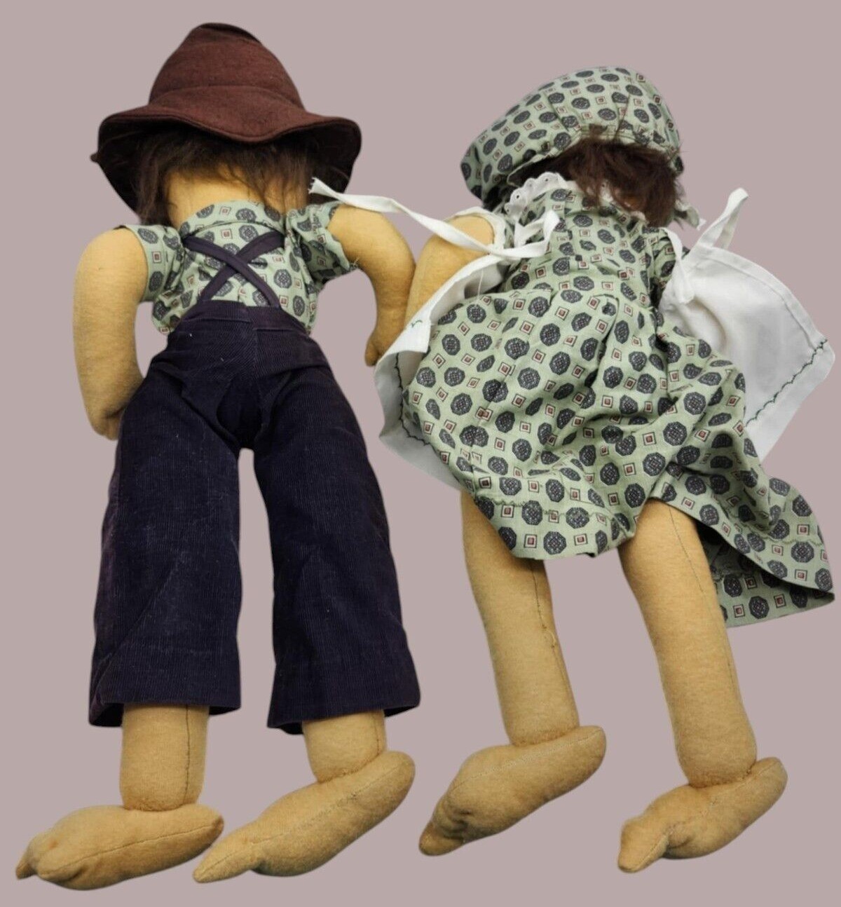 Two Vintage 12" Handmade Dolls Amish Hillbilly Plush Soft Boy Girl Stuffed  READ