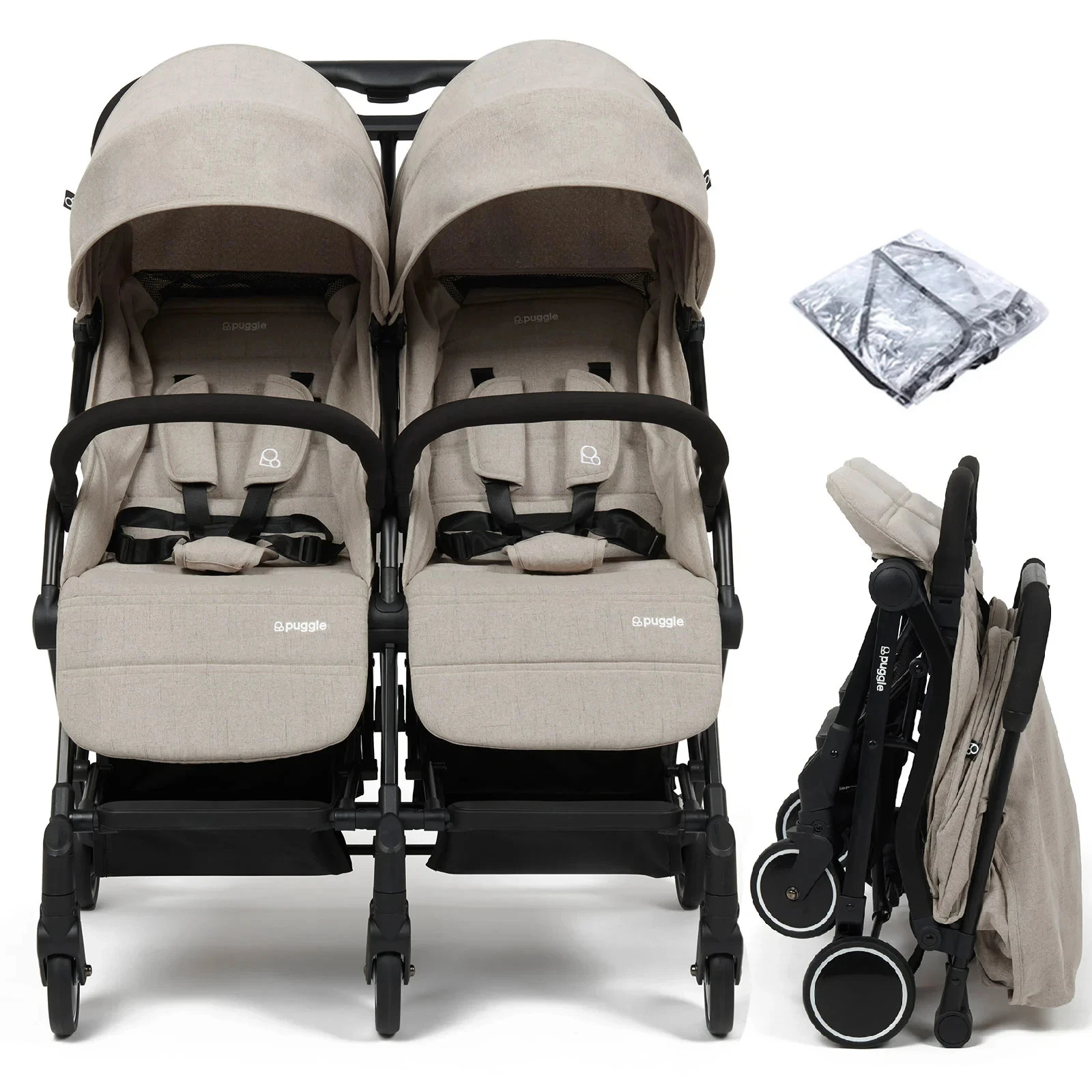 Puggle City Traveller Compact Fold Twin Pushchair Beige Lightweight Double
