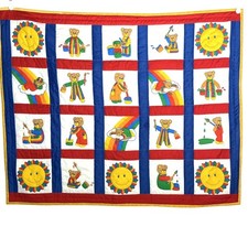 Vintage Handmade Patchwork Baby Quilt Teddy Bears Rainbow Flannel Back 34 X 42