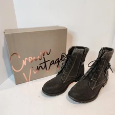Womans Crown Vintage Rugged Gray Faux Suede Buckles Lace Up Combat Boots 9.5 M