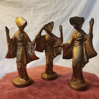 Set of 3 Vintage Japanese Awa Odori Dance Geisha Gold Paint Cast Iron Figurines