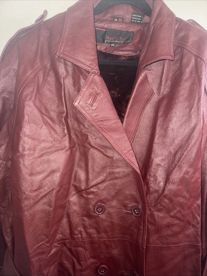 Vtg 90s Y2k Phase 2 Plus Sz 2x 3x Burgundy Leather Fur Lined Trench Coat NWT - Image 2 of 4