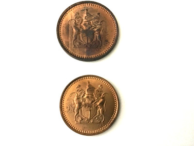 SCARCE DATE SET OF TWO 1970 RHODESIA 1 CENT and 1/2 CENT COINS.